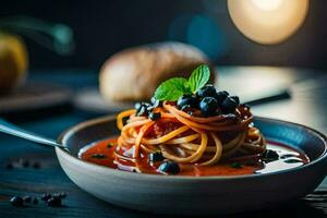 Spaghetti mit Tomate Soße und Blaubeeren im ein Schüssel. KI-generiert foto