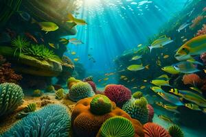 ein unter Wasser Szene mit bunt Koralle und Fisch. KI-generiert foto