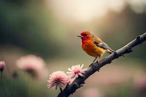 ein klein Vogel ist thront auf ein Ast mit Rosa Blumen. KI-generiert foto