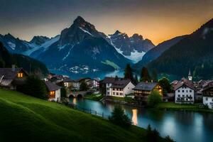 Foto Hintergrund das Himmel, Berge, Wasser, See, Haus, das Dorf, das Berge,. KI-generiert