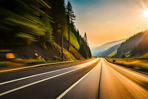 ein Auto Fahren auf ein Autobahn beim Sonnenuntergang. KI-generiert foto