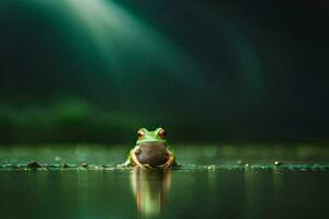 ein Frosch Sitzung auf das Wasser im das dunkel. KI-generiert foto