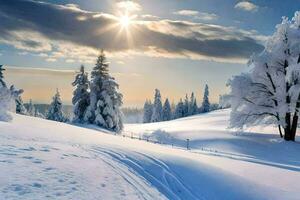 Schnee bedeckt Bäume und das Sonne leuchtenden Über ihnen. KI-generiert foto