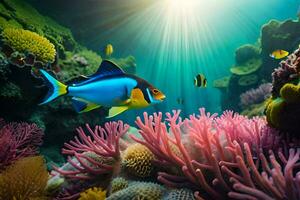 Foto Hintergrund Fisch, Koralle, Sonne, das Ozean, das Sonne, das Meer, das Meer. KI-generiert