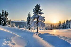 ein schneebedeckt Landschaft mit Bäume und das Sonne Einstellung. KI-generiert foto