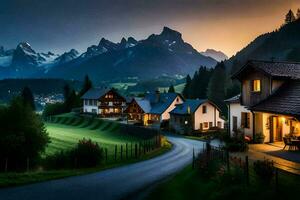 Foto Hintergrund das Himmel, Berge, Straße, Haus, Straße, Dorf, Straße, Dorf,. KI-generiert