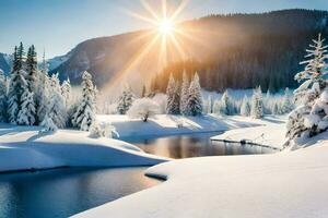 Schnee bedeckt Bäume und ein Fluss im das Winter. KI-generiert foto