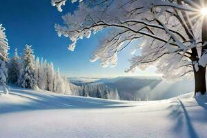 Schnee bedeckt Bäume und das Sonne leuchtenden Über das Berge. KI-generiert foto