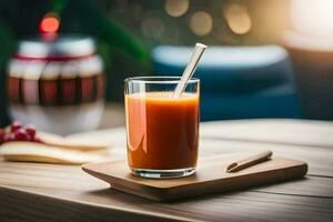 ein Glas von Orange Saft auf ein hölzern Tisch. KI-generiert foto