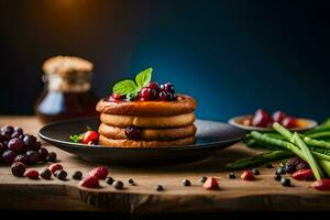 Pfannkuchen mit Beeren und Spargel auf ein hölzern Tisch. KI-generiert foto