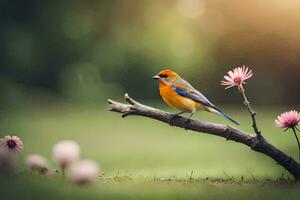 Foto Hintergrund das Himmel, Blumen, Vogel, Natur, Frühling, das Sonne, Blumen, Vogel. KI-generiert