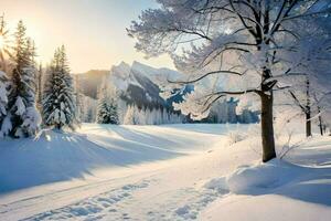 ein schneebedeckt Landschaft mit Bäume und Schnee. KI-generiert foto