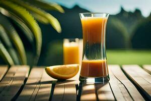 ein Glas von Orange Saft auf ein hölzern Tisch. KI-generiert foto