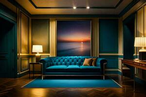 ein Blau Couch im ein Zimmer mit ein Aussicht von das Ozean. KI-generiert foto