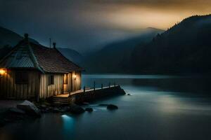 Foto Hintergrund das Himmel, See, Nebel, Berge, Haus, das dunkel, das See,. KI-generiert