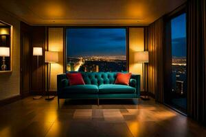 ein Blau Couch sitzt im Vorderseite von ein Fenster mit Blick auf das Stadt. KI-generiert foto