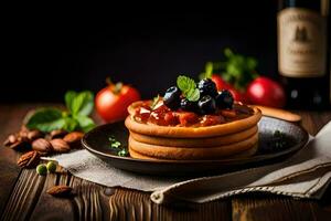 Pfannkuchen mit Blaubeeren und Nüsse auf ein Platte. KI-generiert foto