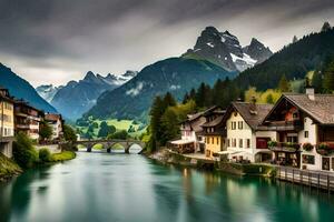 Foto Hintergrund Berge, Fluss, Häuser, Schweiz, das Alpen, Schweiz, Die. KI-generiert