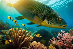 ein unter Wasser Szene mit ein Fisch Schwimmen Über Koralle Riffe. KI-generiert foto