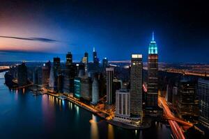 das Stadt Horizont beim Nacht mit Beleuchtung An. KI-generiert foto
