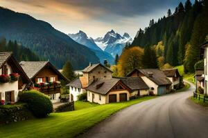 Foto Hintergrund das Himmel, Berge, Straße, Häuser, Bäume, Blumen, Blumen, Blumen,. KI-generiert