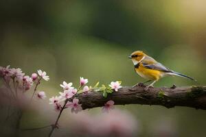 ein Vogel sitzt auf ein Ast mit Rosa Blumen. KI-generiert foto