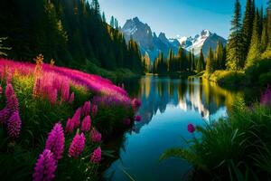 das Berge sind reflektiert im das Wasser und Rosa Blumen. KI-generiert foto