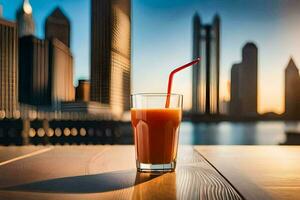 Glas von Orange Saft auf Tabelle im Vorderseite von Stadt Horizont. KI-generiert foto