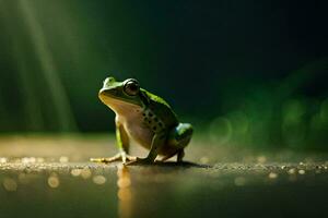 ein Frosch Sitzung auf das Boden mit Sonnenlicht leuchtenden auf Es. KI-generiert foto