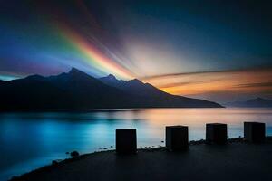 ein Regenbogen Über das See mit Berge im das Hintergrund. KI-generiert foto