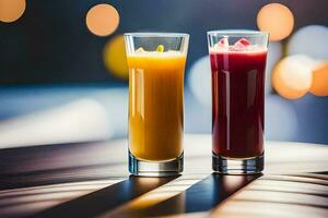 zwei Brille von Orange Saft auf ein Tisch. KI-generiert foto