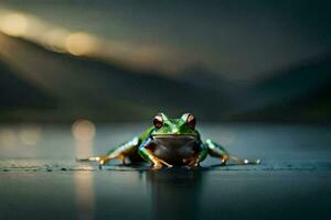 ein Frosch Sitzung auf das Boden im Vorderseite von ein See. KI-generiert foto