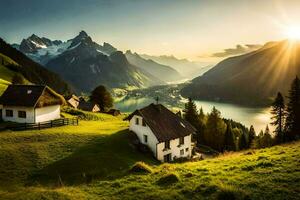 das Sonne steigt an Über das Berge und das Haus im das Vordergrund. KI-generiert foto