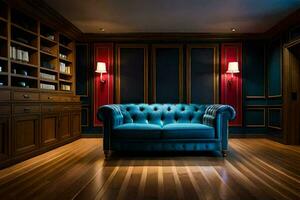 ein Blau Couch im ein Zimmer mit Holz Böden und rot Wände. KI-generiert foto
