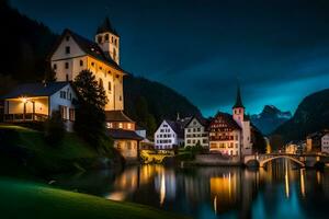 Foto Hintergrund das Himmel, Nacht, Berge, Fluss, Stadt, Brücke, Kirche, Kirche Turm. KI-generiert