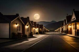 ein Straße mit Häuser und ein voll Mond. KI-generiert foto