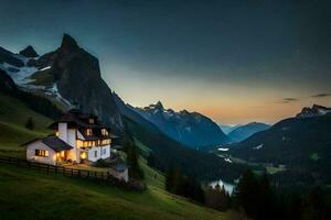 ein Haus im das Berge beim Dämmerung. KI-generiert foto