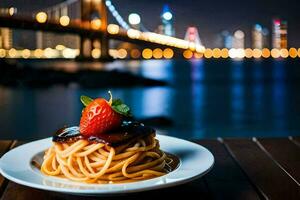 ein Teller von Spaghetti mit ein Erdbeere auf oben von Es. KI-generiert foto