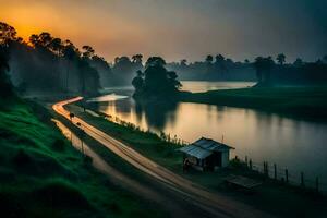 ein Straße führen zu ein Fluss beim Sonnenuntergang. KI-generiert foto