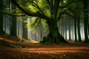 ein groß Baum im das Mitte von ein Wald. KI-generiert foto