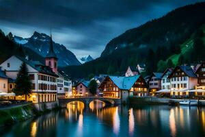 Foto Hintergrund das Himmel, Berge, Wasser, Häuser, Stadt, Fluss, Brücke, Berge,. KI-generiert