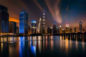 das Stadt Horizont beim Nacht mit Beleuchtung reflektieren aus das Wasser. KI-generiert foto