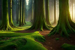 ein Grün Wald mit Bäume und Moos. KI-generiert foto