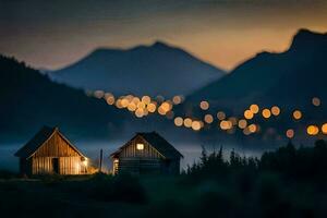 zwei klein hölzern Häuser im das Mitte von ein Feld beim Nacht. KI-generiert foto