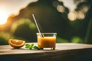 Orange Saft im ein Glas mit ein Stroh. KI-generiert foto