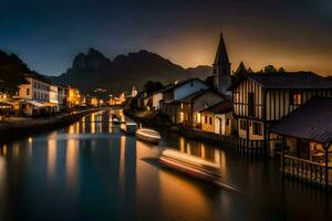 ein Fluss im das Mitte von ein Stadt, Dorf beim Nacht. KI-generiert foto