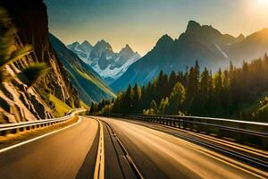 ein Autobahn mit Berge im das Hintergrund. KI-generiert foto