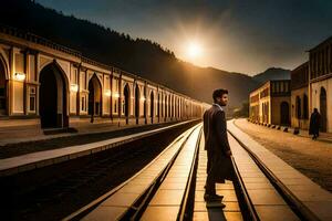 ein Mann Stehen auf das Spuren von ein Zug. KI-generiert foto