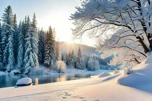 Winter ist Kommen, und das Sonne ist leuchtenden auf ein schneebedeckt Fluss. KI-generiert foto