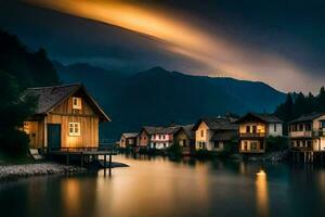 ein See und Häuser im das Berge beim Nacht. KI-generiert foto